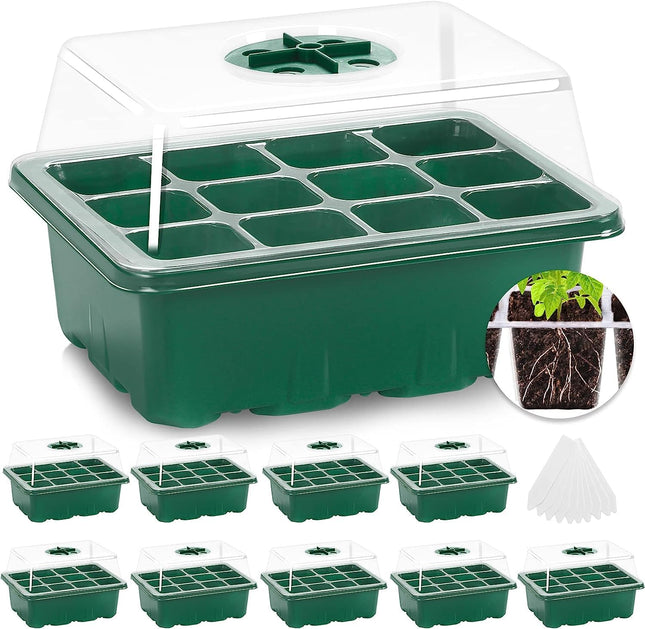 MIXC Indoor Greenhouse Propagator 10 Pieces 120 Cells Mini Greenhouse Small Growing Set Growing Tray with Ventilation and Shatter-Proof Lid for Seedling Plant, Green