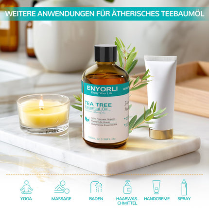 ENYORLI Tea Tree Oil 100ml Natural Tea Tree Oil 100% Pure and Essential Aromatherapy Oil Vegan Tea Tree Essential Oil for Diffuser, Shampoo, Face, Skin, Nails
