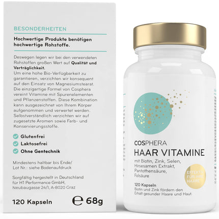 Cosphera Hair Vitamins - Highly concentrated with biotin, selenium, and zinc to help maintain normal hair. Plus folic acid and millet seed extract (rich in silicon) - 120 vegan capsules in a 2-month supply.
