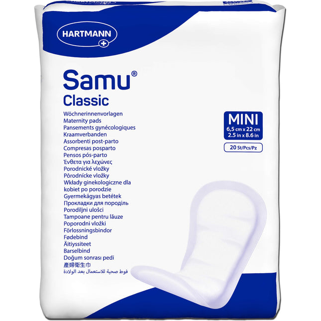 Samu Classic Mini – soft postpartum pads for reliable protection after birth, skin-friendly and fast-absorbing, without film, 1x20 pieces