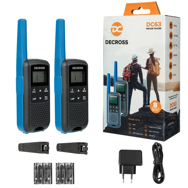 DC DECROSS 63 Walkie Talkie for Kids and Adults, 2-Pack Walkie Talkies up to 8 km, PMR446 16 Channels, VOX, Flashlight, IPX4, Gift for Boys and Girls Ages 5, 6, 7, 8, Hiking, Camping, Rechargeable Battery (Blue)
