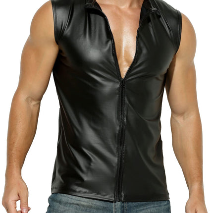 Latex-like men's top - faux leather top with zipper - size XL