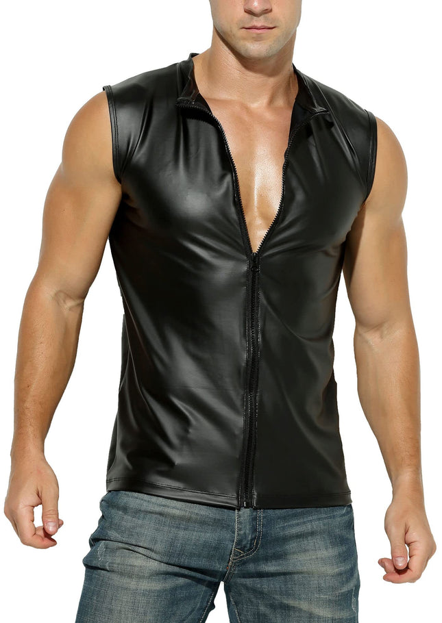 Latex-like men's top - faux leather top with zipper - size XL