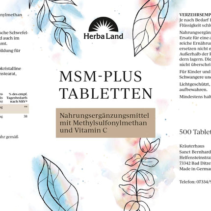 MSM Plus Tablets | Vegan | 2000 mg MSM &amp; 60 mg Vitamin C per day | 500 tablets for 8 months | Methylsulfonylmethane | Independently laboratory-tested quality | Made in Germany