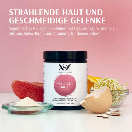 XbyX Collagen Kick 90 g | 45 servings | Vegetarian premium collagen powder from eggshell membrane for skin, hair, bones, muscles, nails, and joints | Type 1, 5, and 10 collagen | From Germany