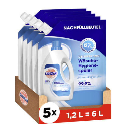 Sagrotan Laundry Hygiene Rinse Heavenly Fresh Refills – Disinfectant rinse for hygienically clean and fresh laundry – 5 x 1.2 l cleaner in a practical value pack