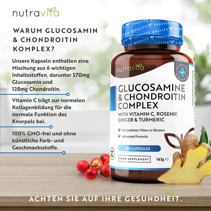 Glucosamine &amp; Chondroitin High Dose with Vitamin C &amp; Turmeric – 2880mg Complex – 180 Tablets – Contributes to the normal function of the immune system – Manufactured by Nutravita