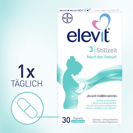 Elevit 3 - Nutrient supply for mother and child from breastfeeding onwards - Food supplement with omega-3 fatty acids, vitamins and minerals - 1 x 30 capsules