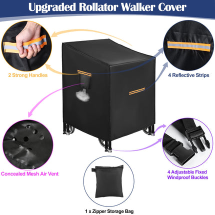 Rollator Cover, Robust 420D Rollator Cover Waterproof, Universal Protective Cover for Most Rollators, Waterproof Rollator Accessories with 4 Reflective Strips, 4 Buckles, Ventilation Slots