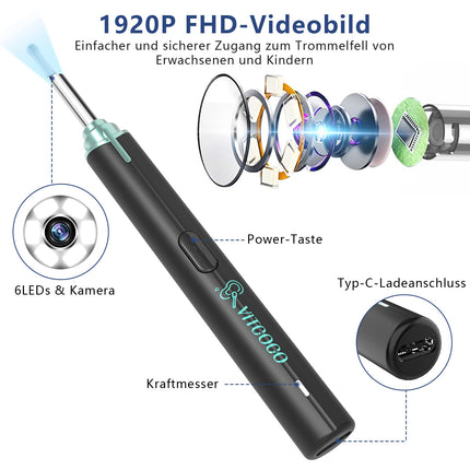 Earwax Remover Otoscope, VITCOCO 1920P WiFi Ear Cleaner, IP67 Waterproof Otoscope Ear, 360° Wide Angle Otoscope Camera with 6 LEDs for Adults, Children and Pets (Black)