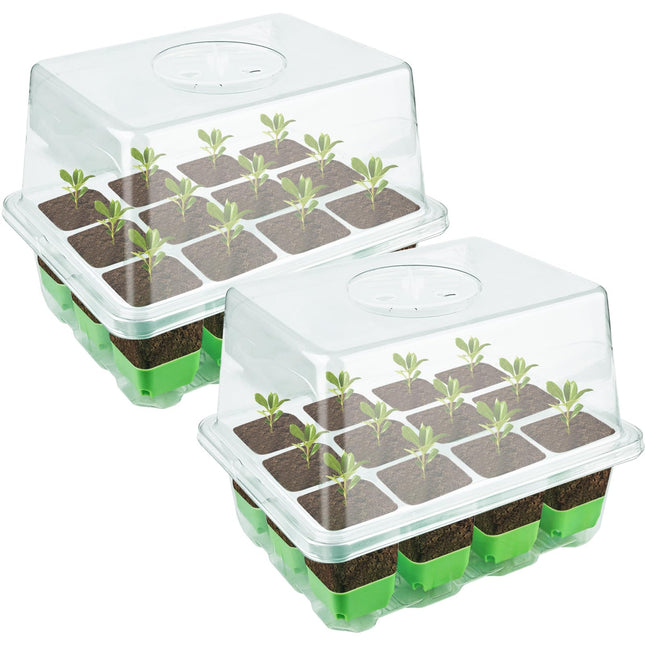2 Pack Indoor Greenhouse Propagator, Reusable Propagation Tray with 12 Planting Holes and 1 Raised Lid Mini Greenhouse Propagation Trays for Plants, Herbs, Flowers, Vegetables and Fruits