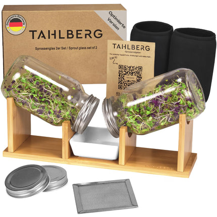 TAHLBERG sprouting jar set of 2 – high-quality sprouting jar made of bamboo + cress sieve &amp; sprouting tray – including lid, cover &amp; instructions – sprouting jar for sprouts