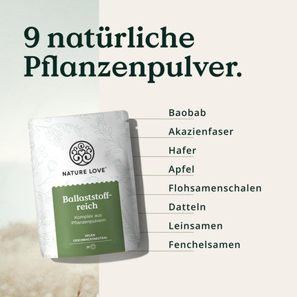 NATURE LOVE® High-Fiber Powder - 450 grams - Fiber: Psyllium husks, acacia fiber, inulin, oats &amp; more - ideal supplement for intestinal cleansing - vegan and laboratory-tested