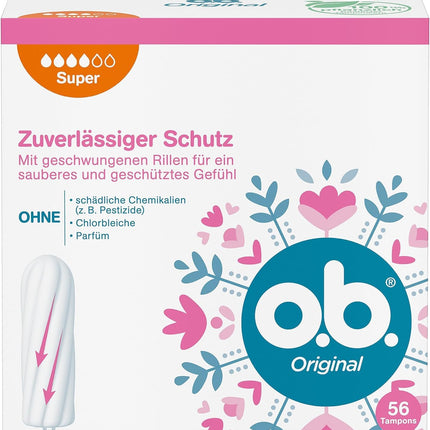 Original Super, tampons for heavy days with StayDry technology and curved grooves, for reliable protection and a clean feeling (1 x 56 pieces)