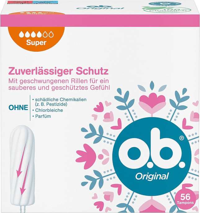 Original Super, tampons for heavy days with StayDry technology and curved grooves, for reliable protection and a clean feeling (1 x 56 pieces)