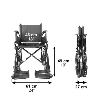 Lightweight folding wheelchair (steel construction 15 kg), foldable armrests and footrests, puncture-proof tires