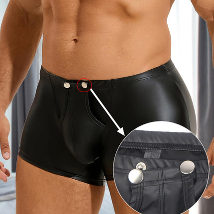Sexy boxer shorts men with opening PU leather underwear with pouch large sizes wetlook underpants with buttons sissy lingerie men sexy underwear erotic shorts briefs hipster gay clubwear (black, M)