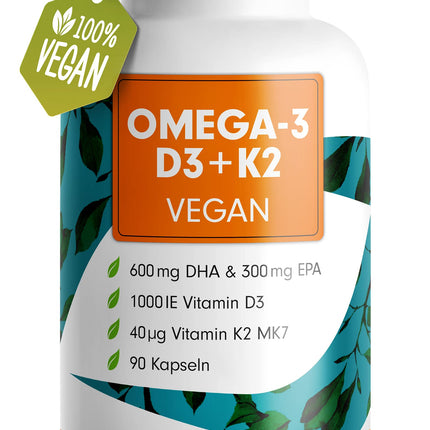 Omega-3 vegan + D3 &amp; K2 (90x), 1100mg algae oil with 600mg DHA &amp; 300mg EPA + 1000 IU vitamin D3 + 40 µg vitamin K2 - O3 D3 K2 vegan Essentials - Omega-3 capsules, high-dose, bioavailable &amp; laboratory-tested