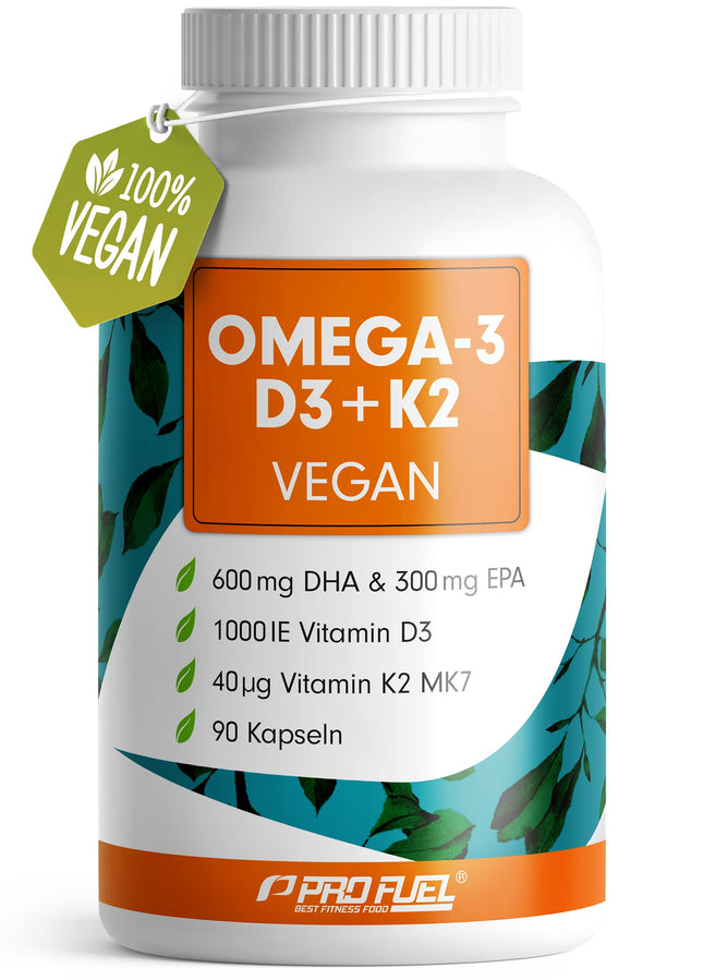 Omega-3 vegan + D3 &amp; K2 (90x), 1100mg algae oil with 600mg DHA &amp; 300mg EPA + 1000 IU vitamin D3 + 40 µg vitamin K2 - O3 D3 K2 vegan Essentials - Omega-3 capsules, high-dose, bioavailable &amp; laboratory-tested