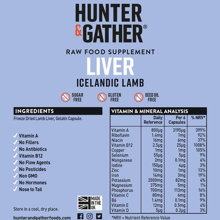 Hunter &amp; Gather Lamb Liver 90 Capsules | Nutritional supplement made from free-range, grass-fed Icelandic lamb | 100% raw freeze-dried lamb liver | No GM feed, antibiotics, or hormones