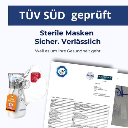 Easy Breath® Pro – TÜV-certified sterile masks. Professional, whisper-quiet inhalation device for children and adults, portable, rechargeable, with Smart Fill® canister – for optimal treatment.
