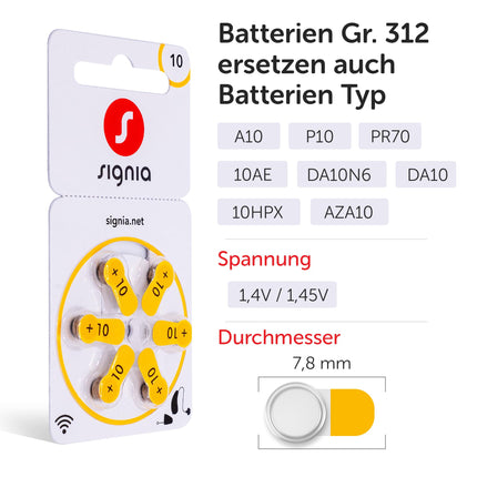 Siemens-Signia hearing aid batteries type 10 yellow, batteries for hearing aids, 60-pack, Made in Germany, including FREE cleaning cloth, Wireless Approved, mercury-free