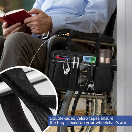 FINPAC Wheelchair Bag for Armrest - Wheelchair Bag with Bottle Holder and Reflective Stripes Wheelchair Bag for Walkers, Mobility Scooters, Rollators, (Black)