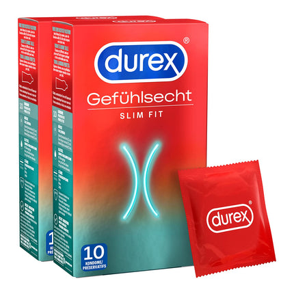 Durex Real Feel Slim Condoms – Thin condoms with a narrow fit and lubricated with silicone gel – 2-pack (20 pieces)