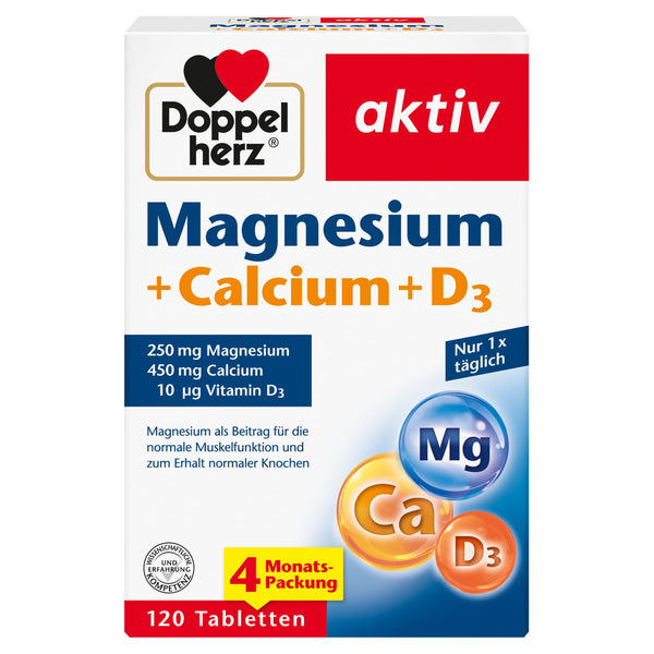 Doppelherz Magnesium + Calcium + D3 - Magnesium contributes to muscle function and the maintenance of normal bones - 120 tablets