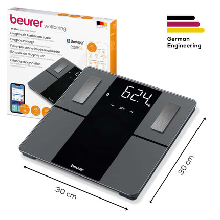 Beurer BF 500 diagnostic scale with Bluetooth and app, digital body fat scale with 180 kg load capacity, analytical scale for measuring body fat, muscle percentage, calorie needs, etc., XL display