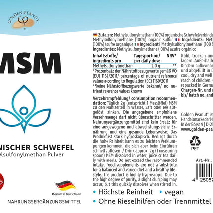 GOLDEN PEANUT MSM 1 kg can, methylsulfonylmethane, highest purity, organic sulfur without additives and anti-caking agents