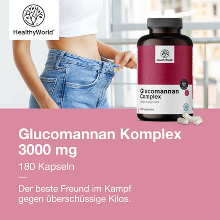 HealthyWorld® Glucomannan Complex 3000 mg – From Konjac Root – 180 Capsules – To Support Weight Loss – With Added Choline, Chromium, Vitamins D3 and B3 – Non-GMO – 1-Month Supply