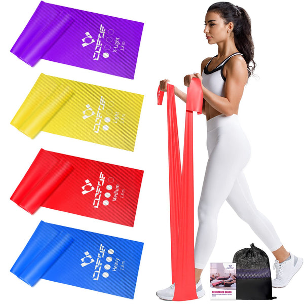 COFOF Fitness Bands Set of 4, 1.8M Exercise Band with 4 Resistance Levels, Fitness Band with Carrying Bag &amp; Exercise Instructions Supplied Ideal for Yoga, Pilates, Strength Training, Physiotherapy