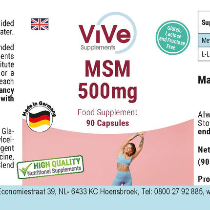 MSM 500 mg - 90 Capsules - Organic Sulfur - Methylsulfonylmethane - 3000 mg Daily Dose - High Dose and Vegan | Quality from Germany - ViVe Supplements