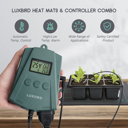 Luxbird Heating Mat with Thermostat Controller for Plants and Seedling Germination, Heat Mat Set, 2 Pieces 21W Indoor Greenhouse Heat Mat 10"x20.75", Automatic Temperature Control