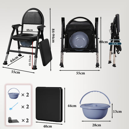 NJUN toilet chair for seniors, height-adjustable shower chair, foldable shower chair, toilet chair with padded seat and toilet bucket, stable and comfortable, load capacity 400 kg