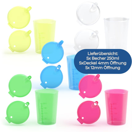 Horn Medical 5-pack adult drinking aids 250ml sippy cups PLUS 5 lids for liquids &amp; 5 lids for porridge/mushroom - color selectable (colorful)