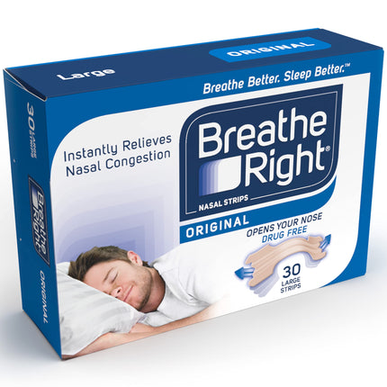 Breathe Right Nasal Strips Original Large 30s, Instantly Relieves Nasal Congestion, Helps Reduce Snoring, Drug-Free, Snoring Relief for Men and Women, 30 Count (1 Count)
