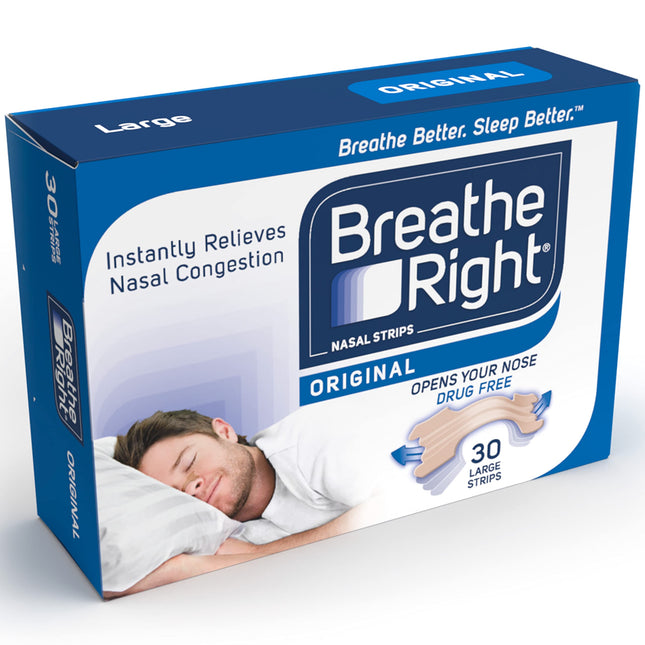 Breathe Right Nasal Strips Original Large 30s, Instantly Relieves Nasal Congestion, Helps Reduce Snoring, Drug-Free, Snoring Relief for Men and Women, 30 Count (1 Count)