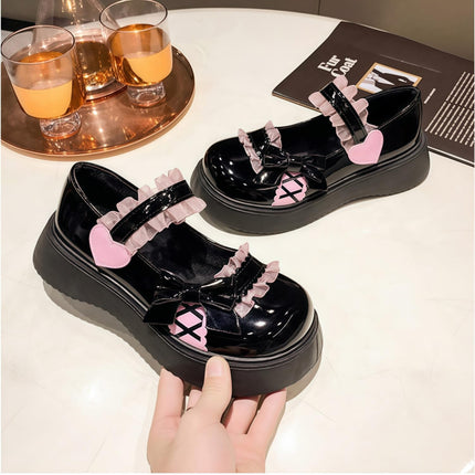 Women Lolita Shoes Heel Mary Jane Lace Pumps with Bow Kawaii Cute Cosplay Wedge Boots Cross Strap Block Heel Sweet Style