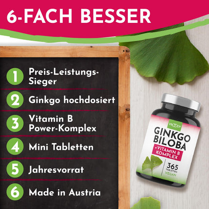 Ginkgo Biloba 6000mg per tablet, 365 tablets - Best value for money + B-vitamin power complex, no additives, laboratory-tested, made in Austria, Vitamin B12 contributes to the reduction of fatigue