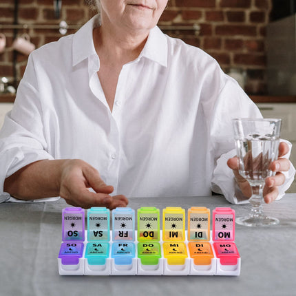 Opret German pill box 7 days 2 compartments morning evening, removable pill box, pill box medication box 7 days tablets weekly box pill box pill box 14 compartments