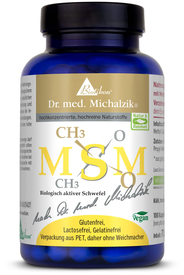 MSM Dr. med. Michalzik | Daily Dose - High-Quality Organically Bound Sulfur [1200mg] | 100% Pure Methylsulfonylmethane - 100 Capsules - No Additives - by BIOTIKON®
