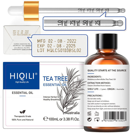HIQILI 100ml Tea Tree Oil, 100% Pure Natural Tea Tree Oil for Diffuser, Pimples, Skin, Nails, Includes Travel Bottle