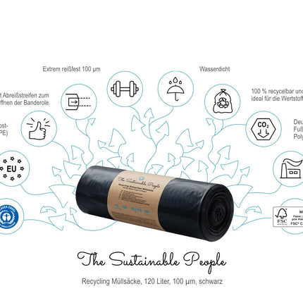 TSP heavy-duty garbage bags 120L - made from at least 90% post-consumer waste (PE) - Blue Angel certified - extremely tear-resistant - 15-pack roll - our strongest (100 μm) - ideal for particularly heavy waste