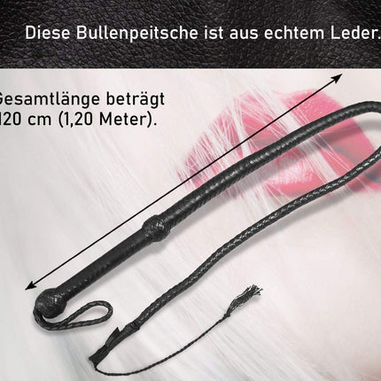 Leather whip Bull Whip Bullwhip 120 cm Whip made of real leather Single tongue with crocker makes a cracking sound