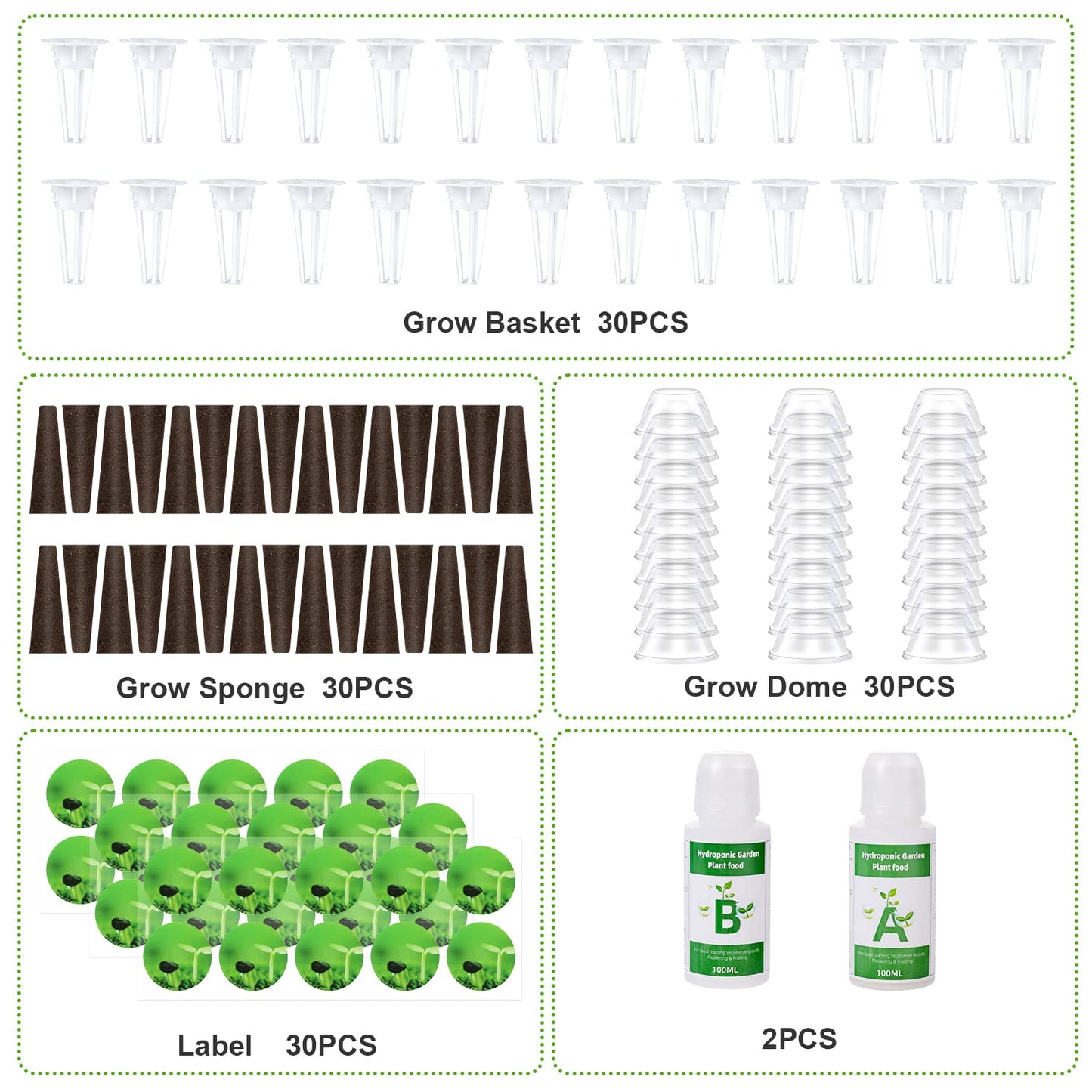 122 Stück Seed Pod Kit, Hydrokultur Zubehör für Hydroponisches Anbausystem, Anzuchtset Pflanzen mit 30 Zuchtschwämmen, 30 Zuchtkörben, 30 Zuchtkuppeln, 2 100-Ml-Pflanzennahrung