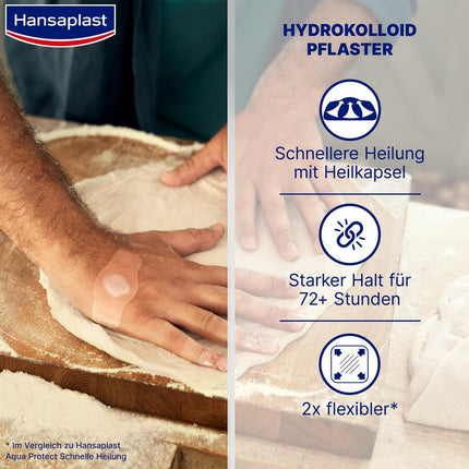 Hansaplast Plaster Second Skin Protection Regular (6 Strips), thin and flexible hydrocolloid plaster with healing capsule technology, waterproof wound plaster with extra strong hold for at least 72 hours