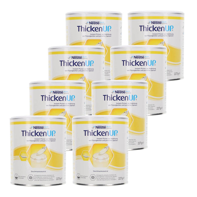 8x 227g ThickenUp from Nestle Health Science thickener – thickening powder – in the exclusive ConsuMed bundle with food supplement overview in DIN A3 poster format