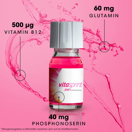 Vitamin B12 - Vitasprint B12 Drinking Bottles, 30 pcs. – With high-dose vitamin B12 and valuable protein building blocks for more mental and physical energy and less fatigue and exhaustion